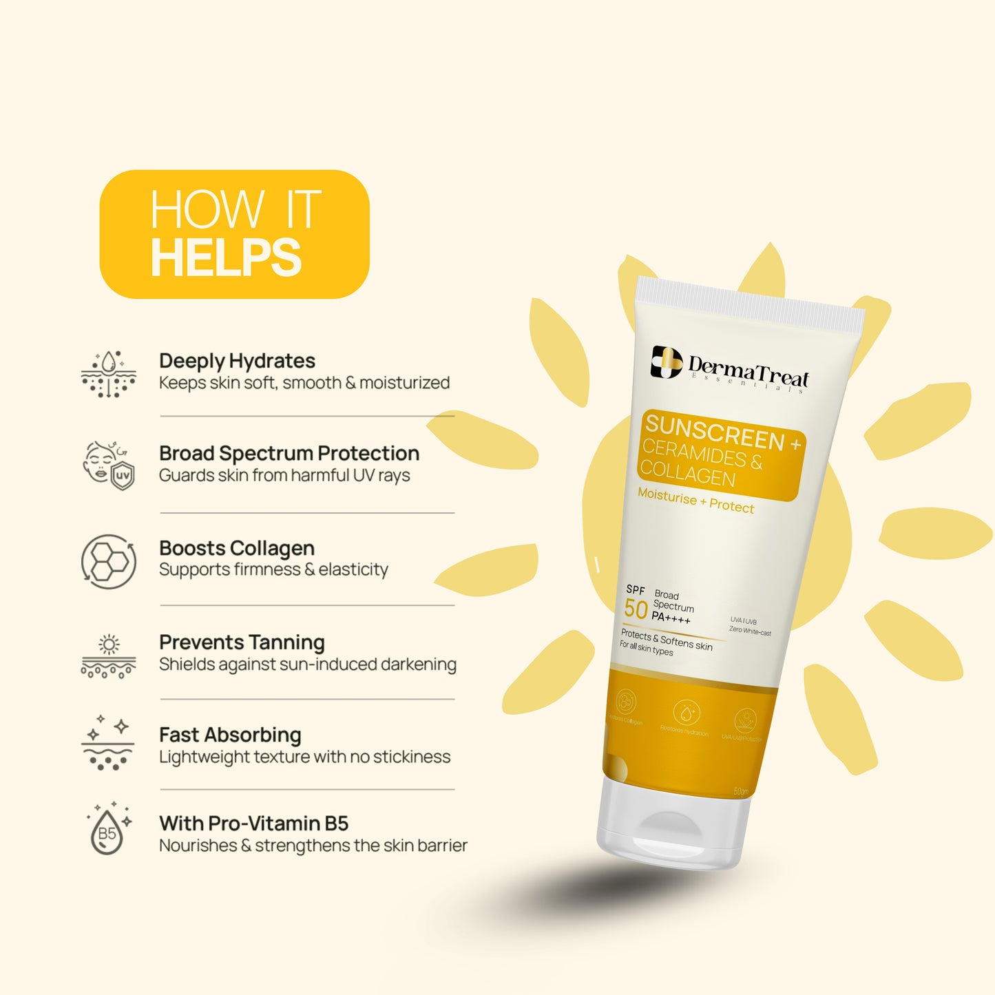 Sunscreen SPF 50 PA++++ | With Ceramides & Collagen | Moisturise + Protect | Broad Spectrum | 100ml