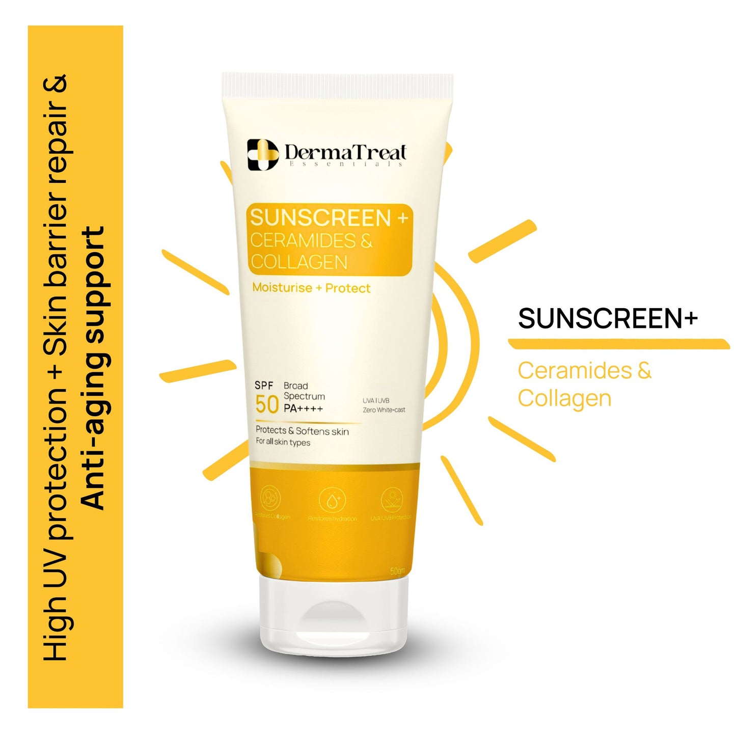 Sunscreen SPF 50 PA++++ | With Ceramides & Collagen | Moisturise + Protect | Broad Spectrum | 100ml