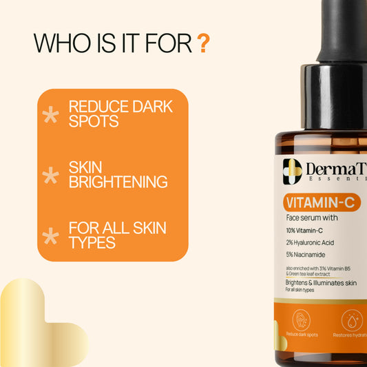 DermaTreat Essentials 10% Vitamin C Face Serum with Niacinamide & Hyaluronic Acid | Reduces Dark Spots & Treats Pigmentation | For Glowing Skin