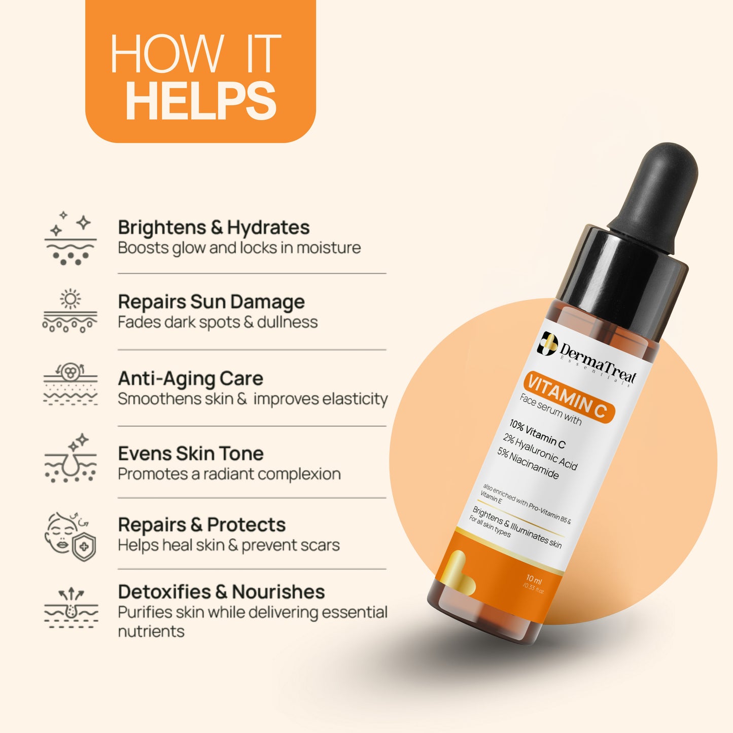 DermaTreat Essentials 10% Vitamin C Face Serum with Niacinamide & Hyaluronic Acid | Reduces Dark Spots & Treats Pigmentation | For Glowing Skin
