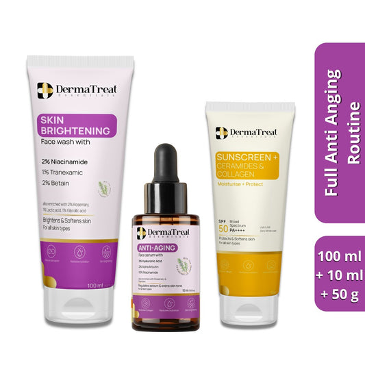 Anti Aging Complete Routine – Brightening Facewash, Anti Aging 10ml Serum & Sunscreen | Tan Removal & Glow Boost (Set of 3)