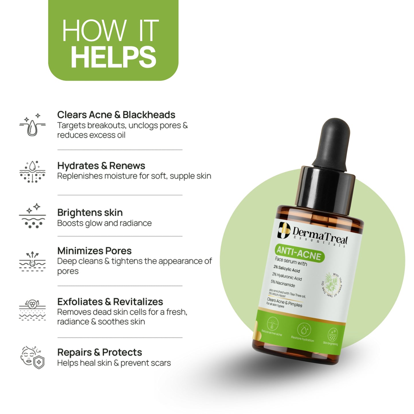 Anti Acne Face Serum with 2% Salicylic acid, 2% Hyaluronic acid & 5% Niacinamide for Active Acne, Pigmentation & Even Tone Skin