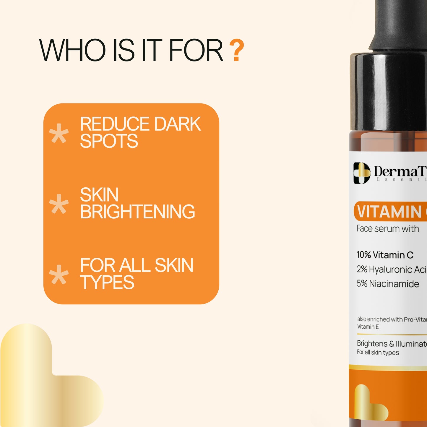 DermaTreat Essentials 10% Vitamin C Face Serum with Niacinamide & Hyaluronic Acid | Reduces Dark Spots & Treats Pigmentation | For Glowing Skin