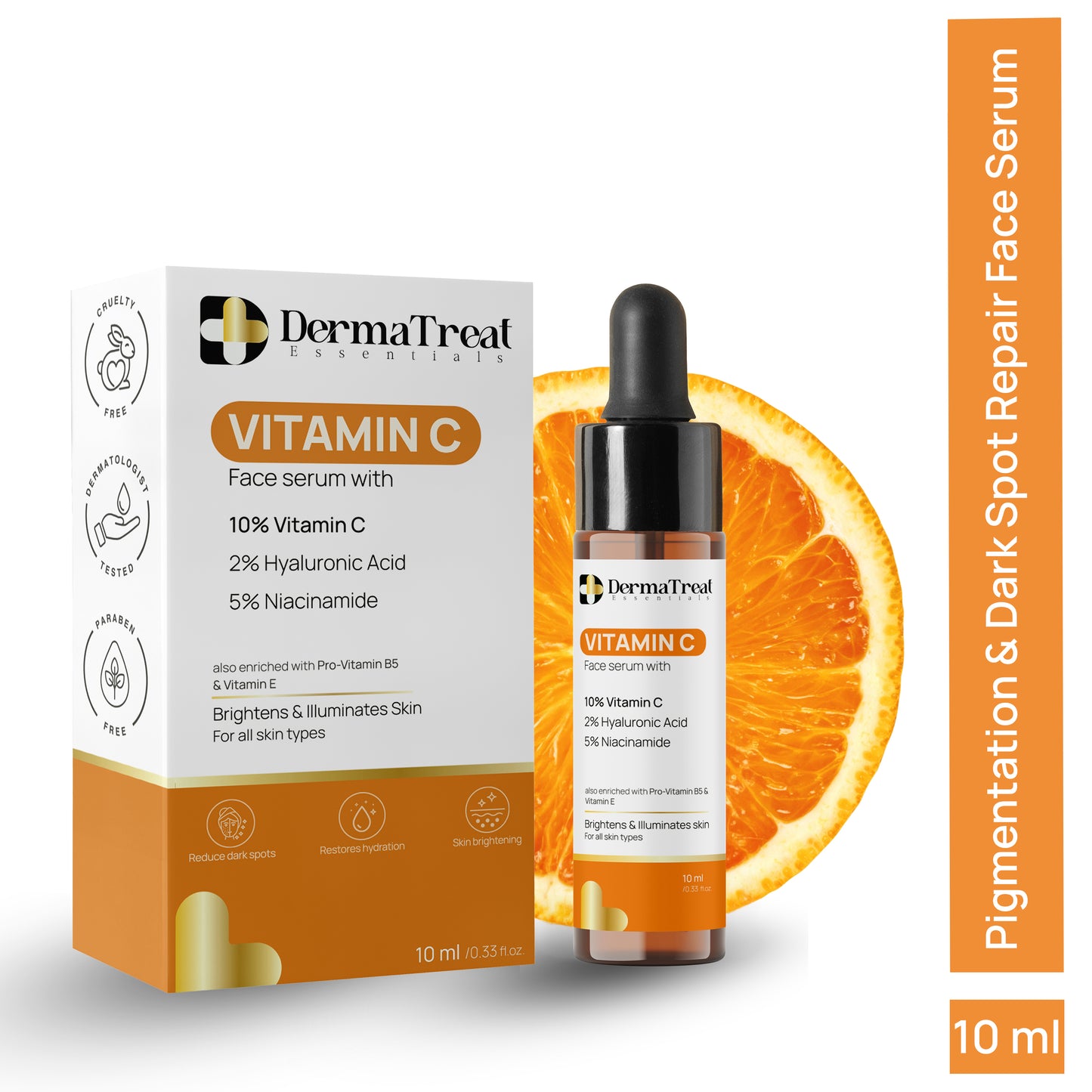 DermaTreat Essentials 10% Vitamin C Face Serum with Niacinamide & Hyaluronic Acid | Reduces Dark Spots & Treats Pigmentation | For Glowing Skin